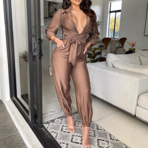 brown jumpsuit fancy party classy party angel drip